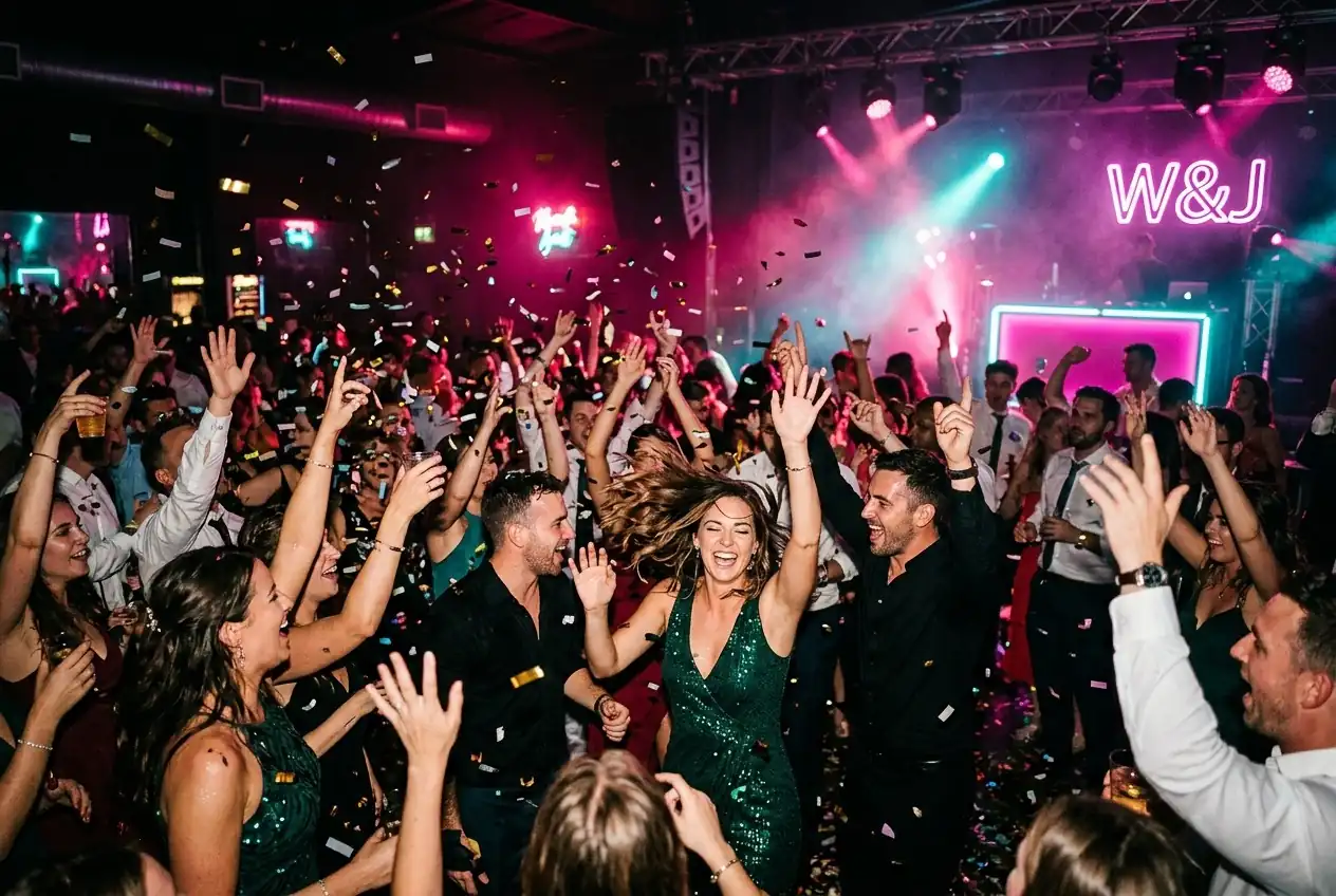Guests celebrating with confetti under neon lights at a Miami event